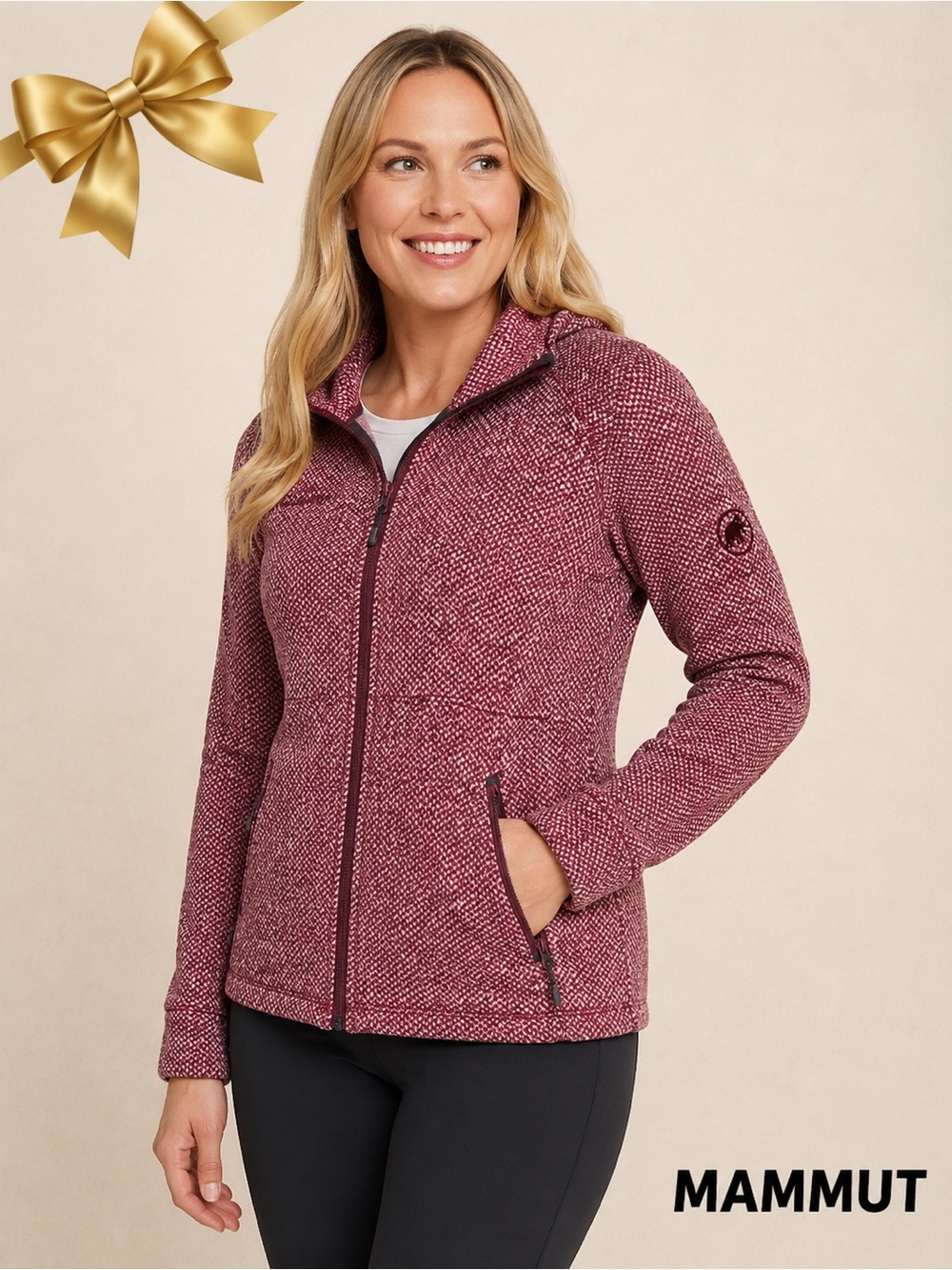 Mammut Hooded Knit Fleece Jacket Full Zip Size  Large Burgundy Melange
